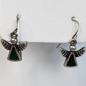 *4/$20* Silver angel drop earrings with green stone centers